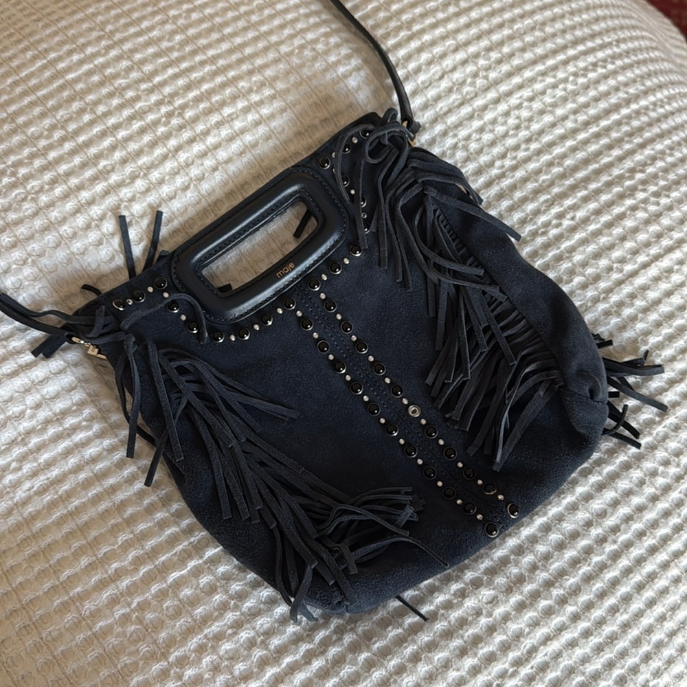 Maje Navy Fringe Studded Bag